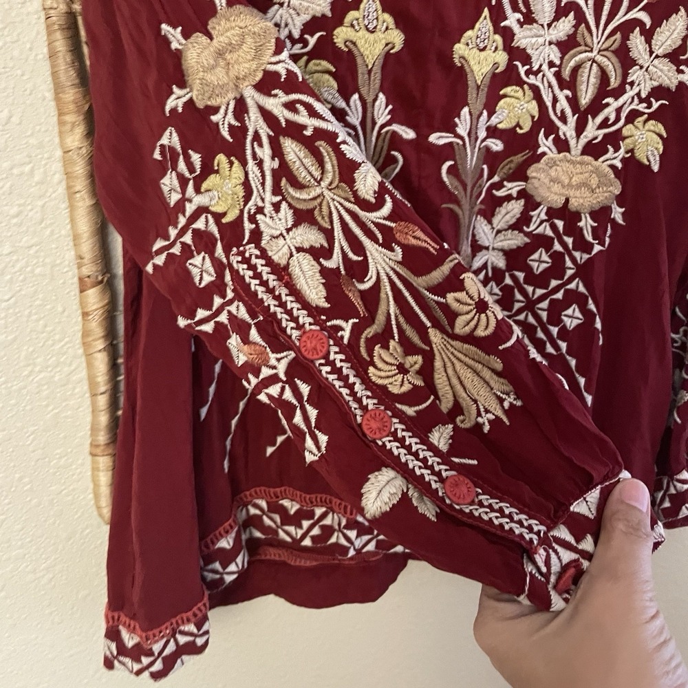 Johnny Was Wine Red Floral Embroidered V-Neck Blouse - Picture 7 of 13